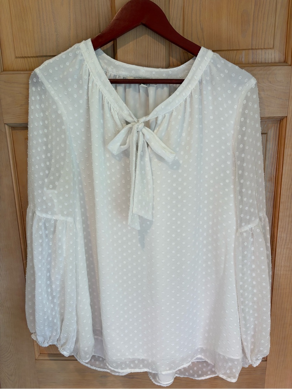 Black Rainn White Swiss Dot Tie-Neck Blouse